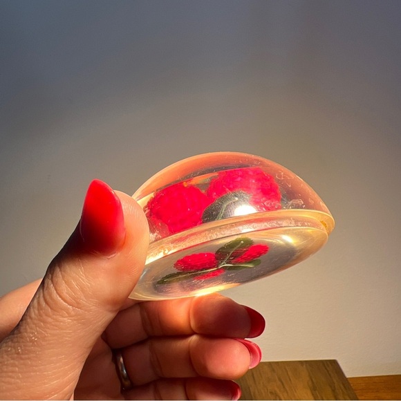 VTG Acrylic Resin Lucite Round Paperweight Red Raspberry Leaves - Picture 4 of 9